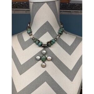 Vintage Southwestern Sterling Silver Turquoise  Baroque Pearl Pendant Necklace